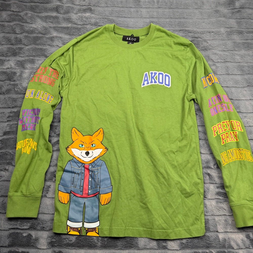 AKOO Mens Long Sleeve Graphic T-Shirt Green Fox Streetwear Small 11993